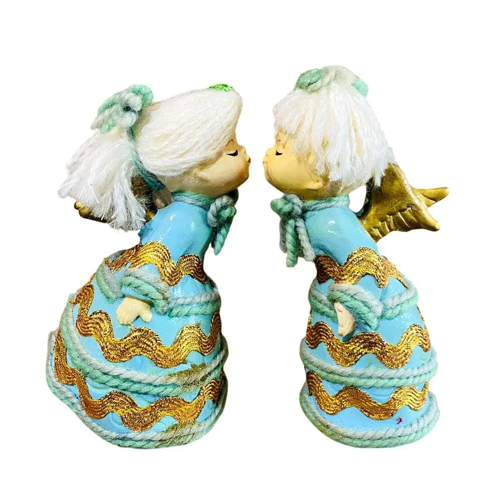 Vintage Boy & Girl Kissing Angel Figurines Blue Gold Yarn & Bric a Brac Japan
